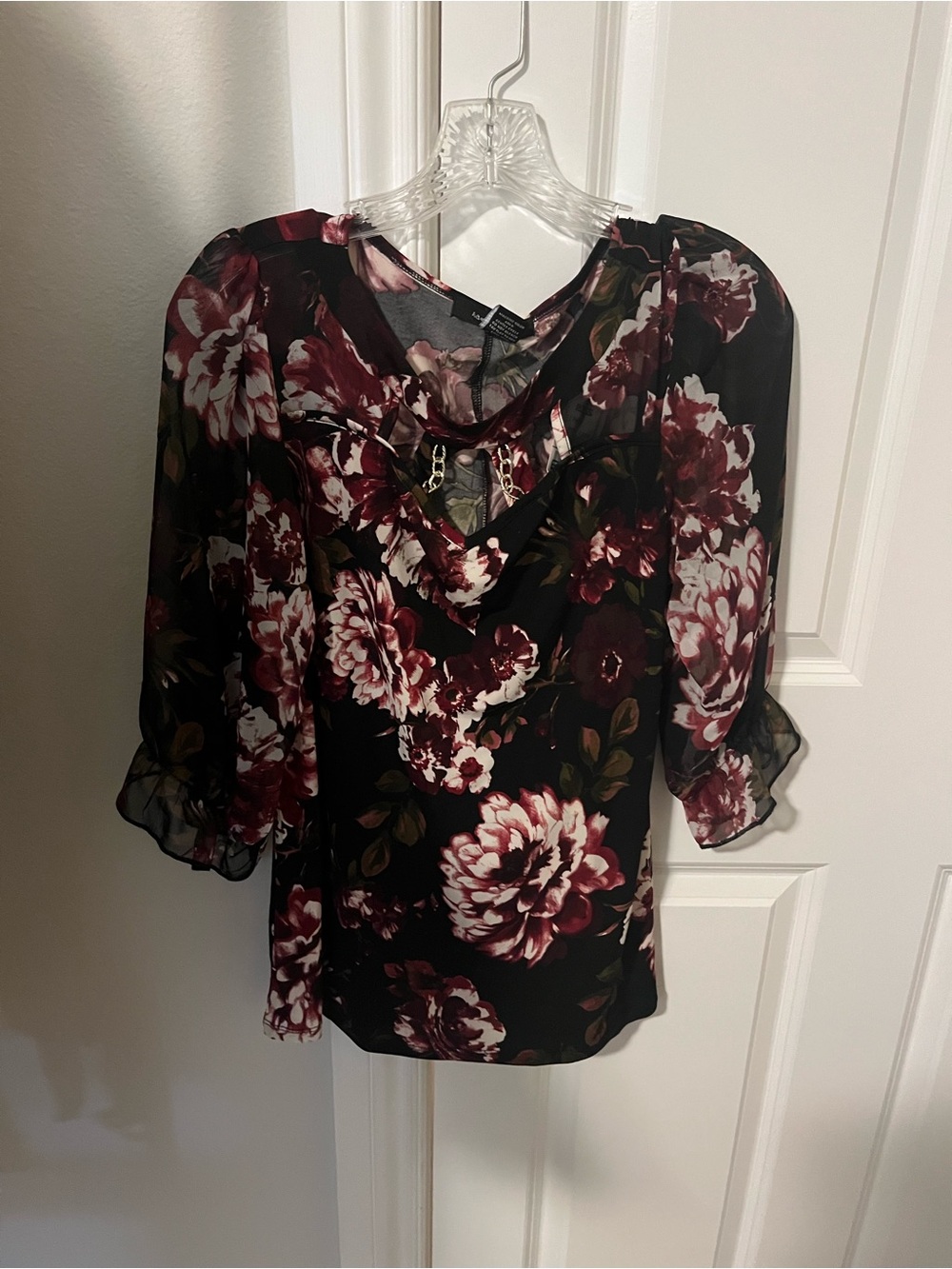 Women's Black Floral V-Neck Ruffle Blouse with Burgundy Flowers